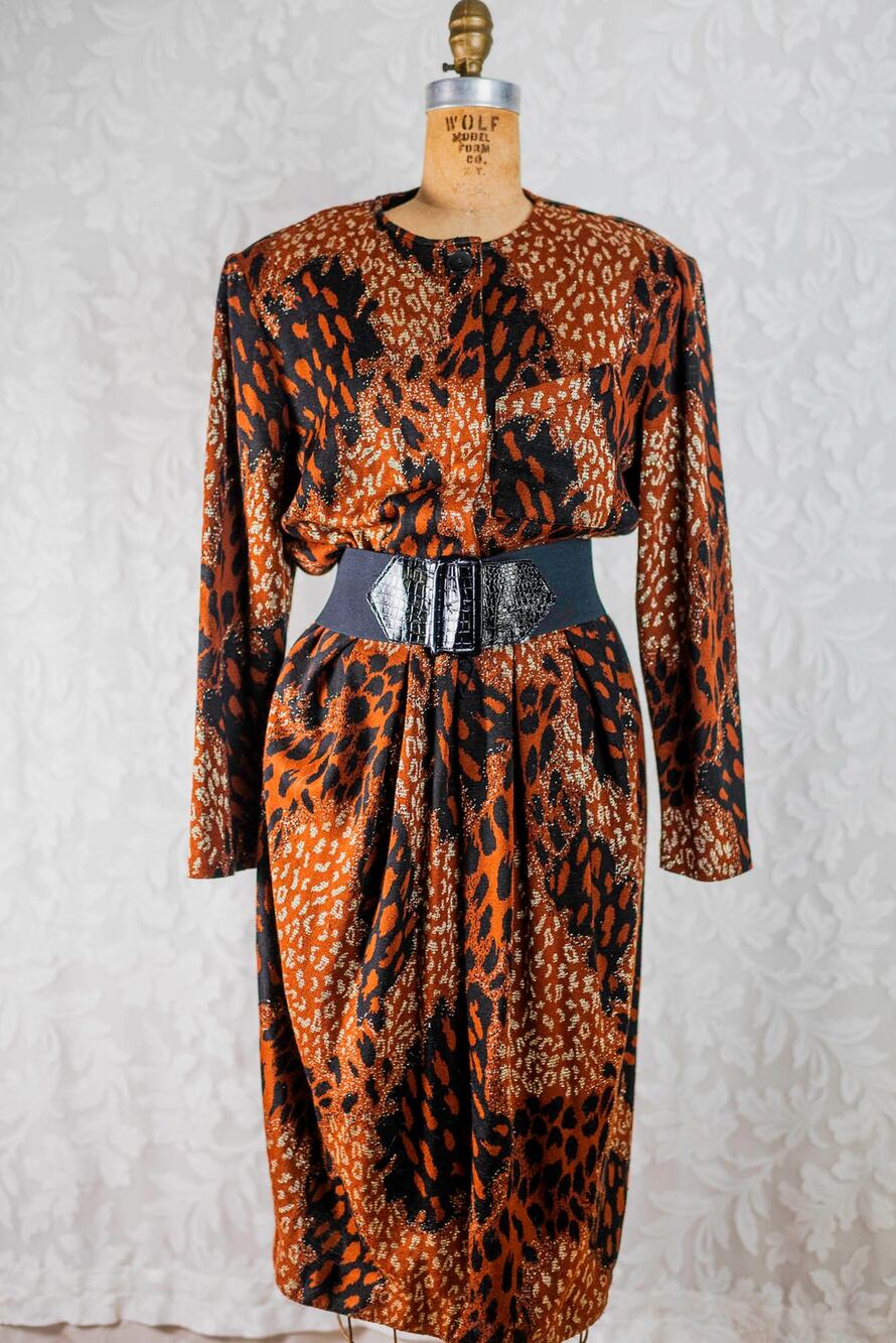 Vintage 90s Animal Print Metallic Knit Dress, Rust Secretary Cocktail Party, Med